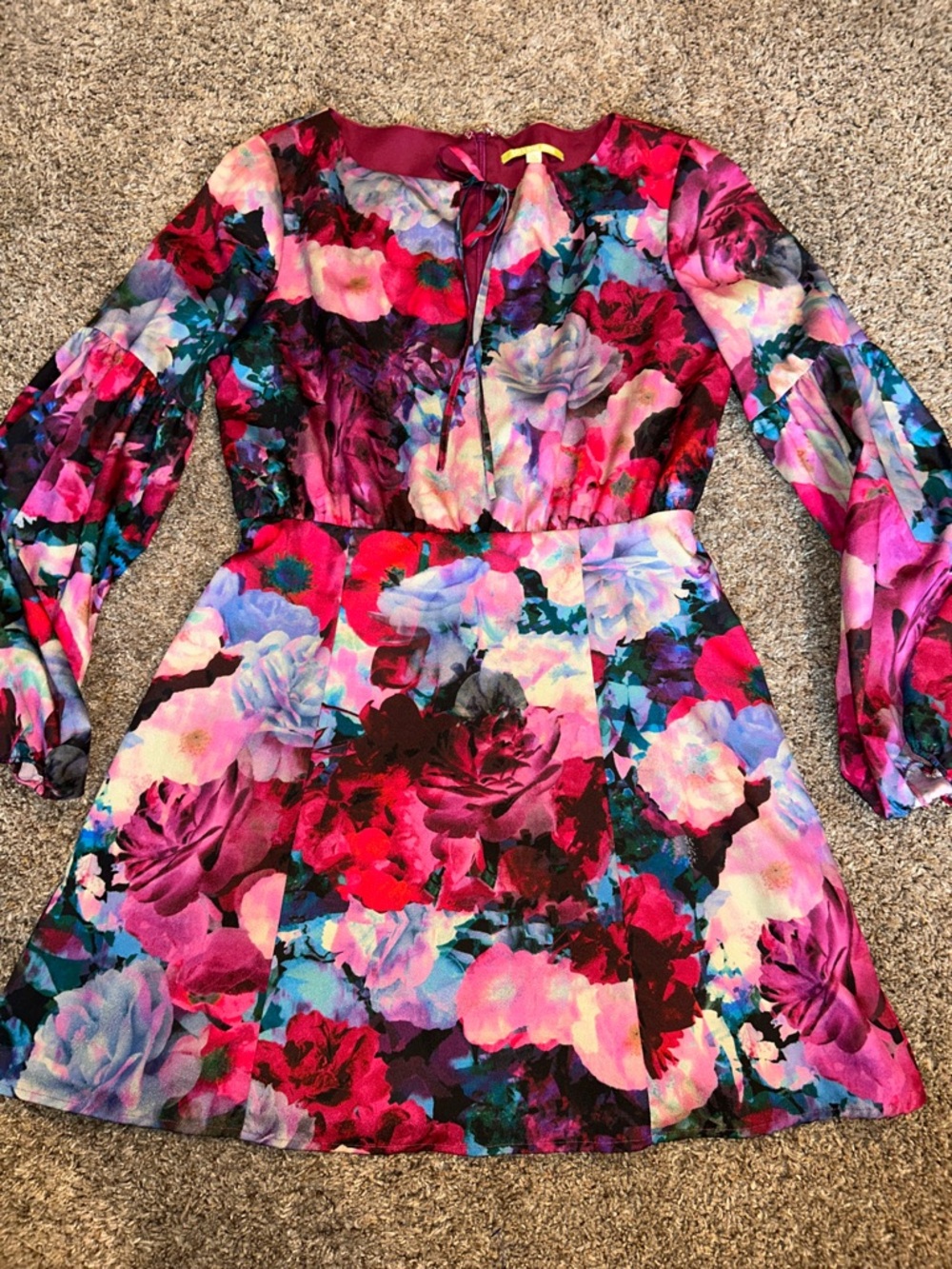 Gianni Bini Floral Dress Lined Size S Balloon Sleeves Flirty Tie Front Keyhole